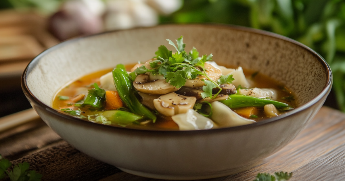 Soupe aux potstickers avec champignons et bok choy : savourez !