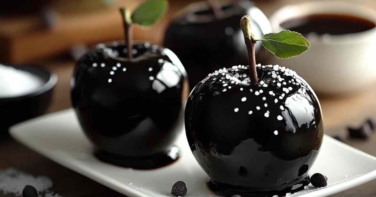 Pommes candies en tourbillon noir décorées de pépites de chocolat