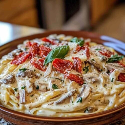Pâtes crémeuses aux tomates séchées et champignons dans une assiette