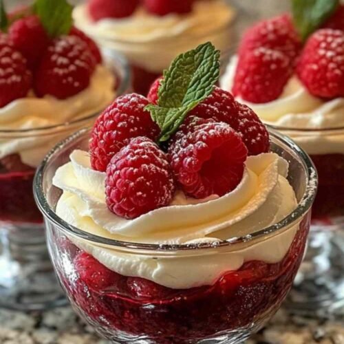 Verrines de duo fruits rouges et mascarpone décorées de menthe fraîche