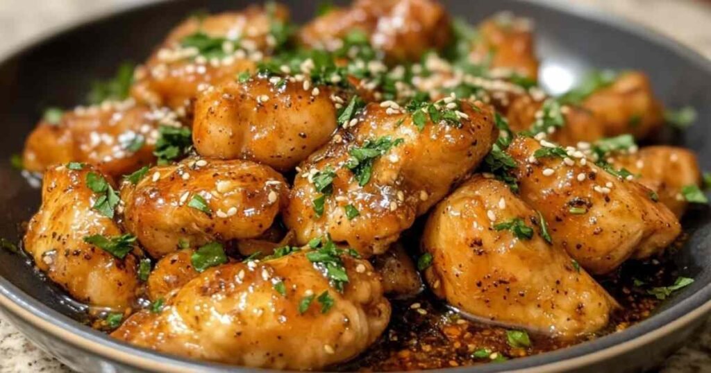 Poulet doré en train de cuire dans une poêle avec sauce au miel et à l’ail