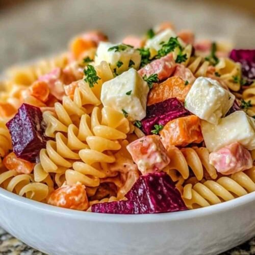 Salade de pâtes au surimi, betterave et fromage frais dans un saladier