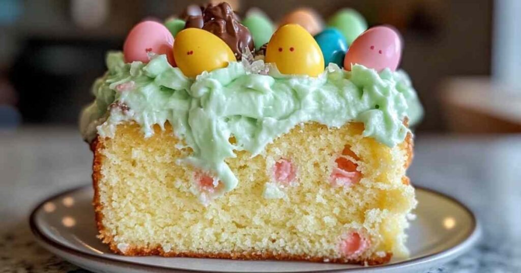 Gâteau poke lapin de Pâques décoré sur un plat de service