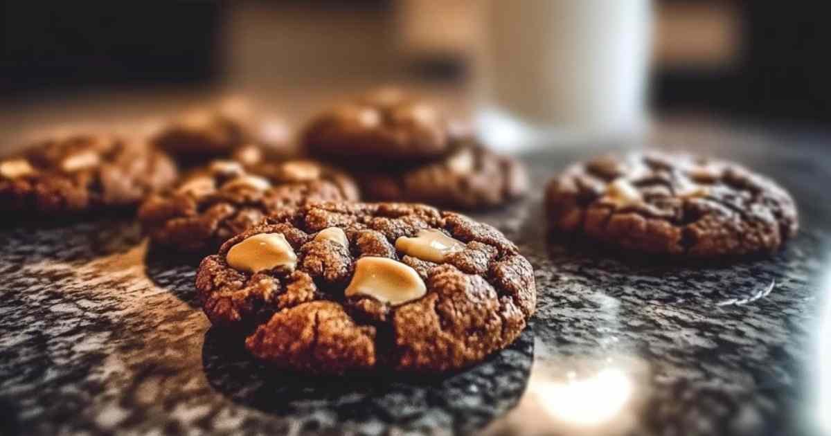Cookies au chocolat sans cuisson avec beurre de cacahuète disposés sur une assiette.