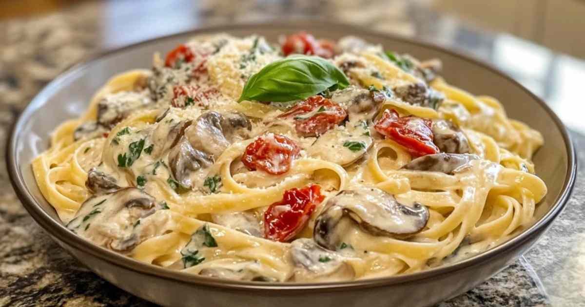 Assiette de pâtes servie avec du parmesan et basilic frais
