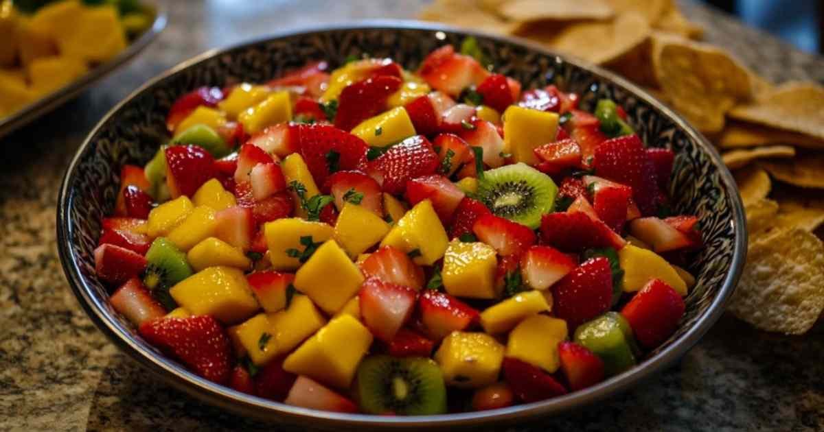 Salsa de fruits colorée avec chips à la cannelle dorées