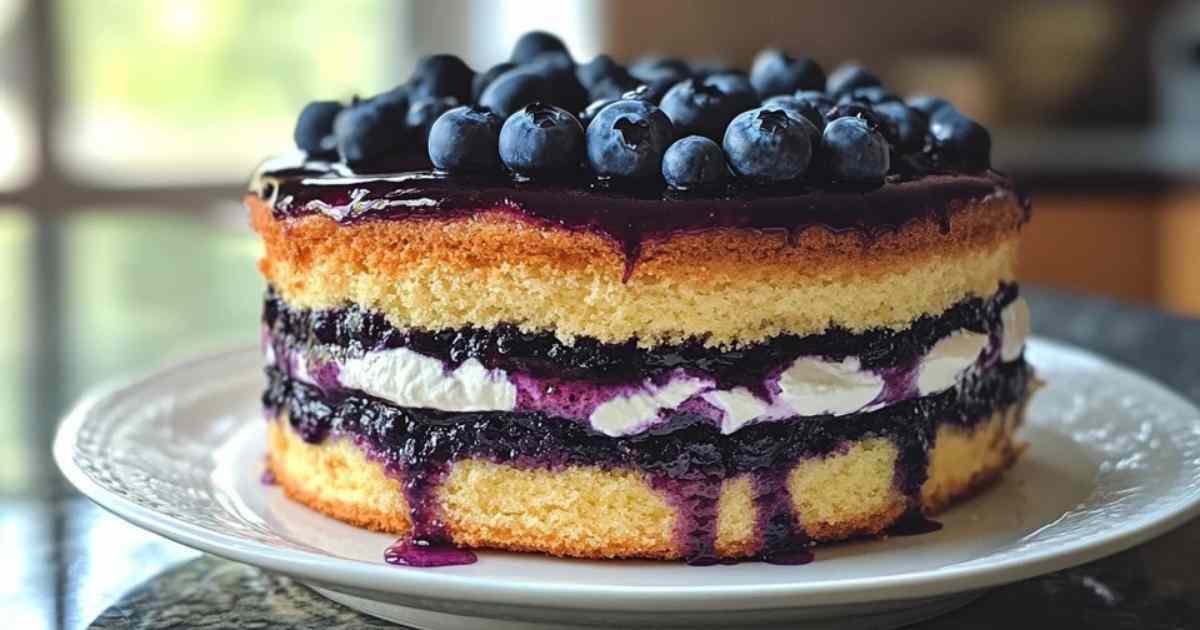 Part de gâteau aux myrtilles montrant les différentes couches