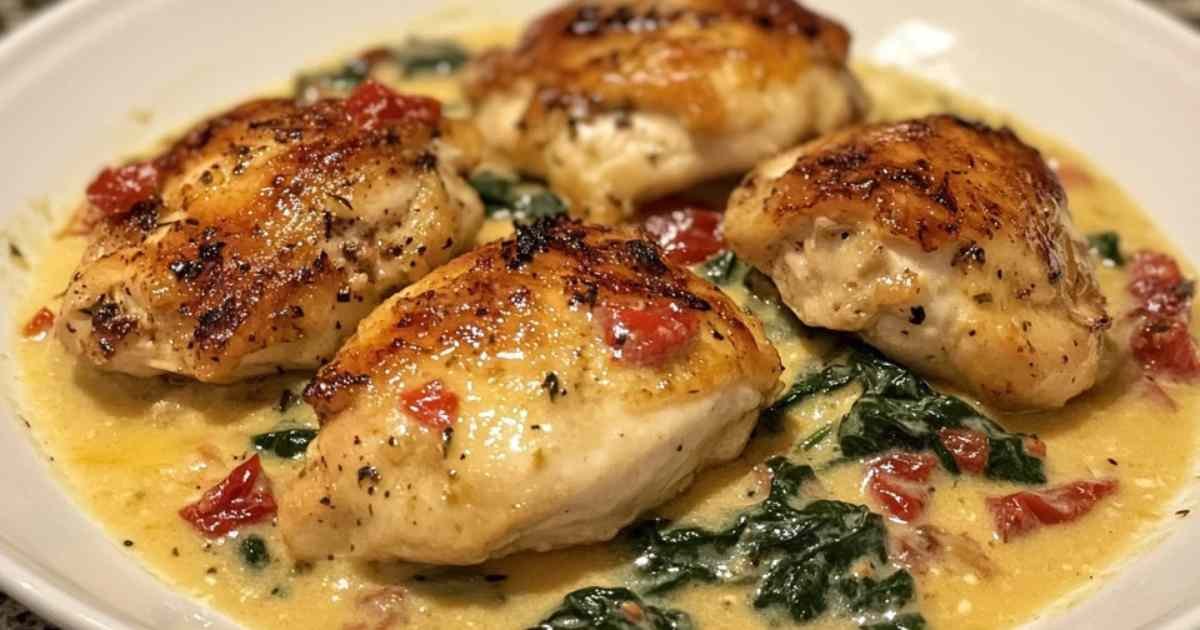 Poulet crémeux à la toscane servi avec des pâtes fraîches