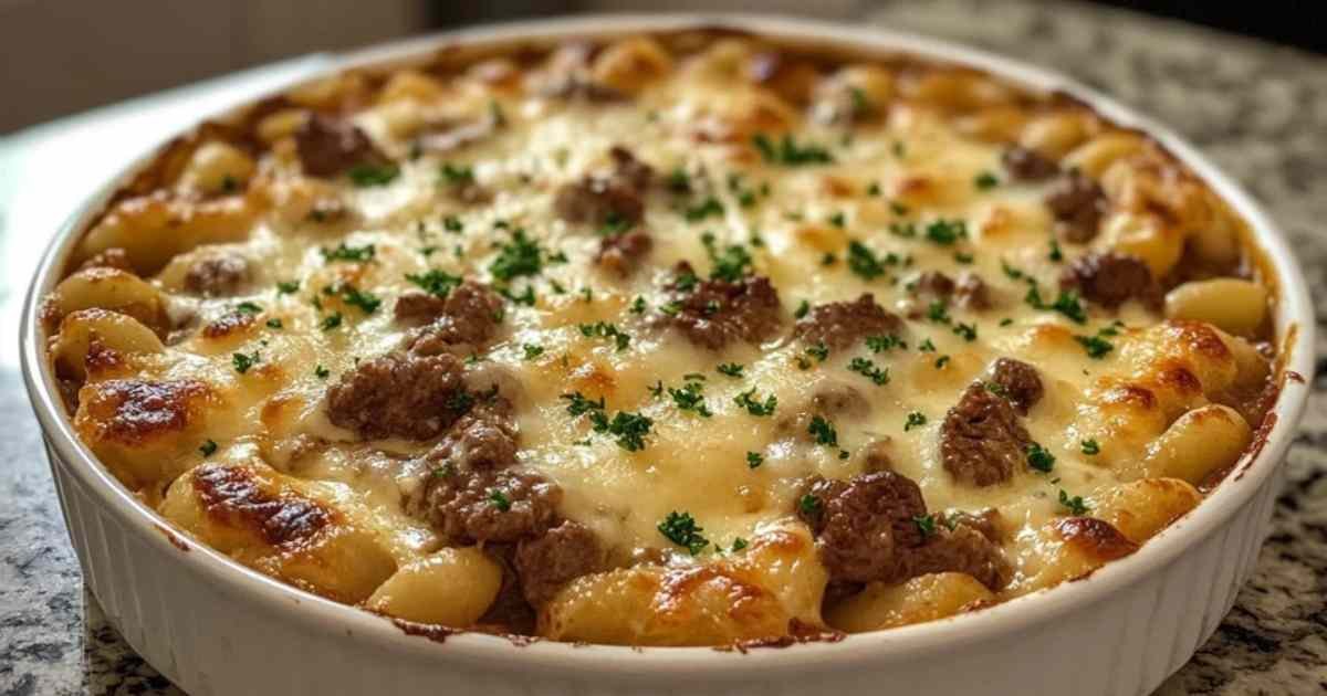 Coquillettes au bœuf et à la crème dans une assiette creuse