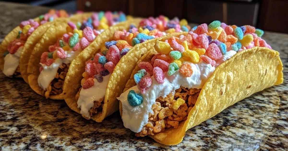 Tacos de cheesecake aux Fruity Pebbles servis sur une assiette colorée