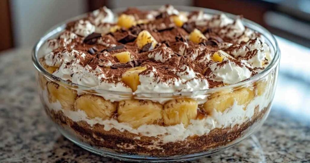 Tiramisu coco ananas dans un plat de service