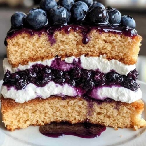 Gâteau aux myrtilles et crème fraîche décoré de baies fraîches