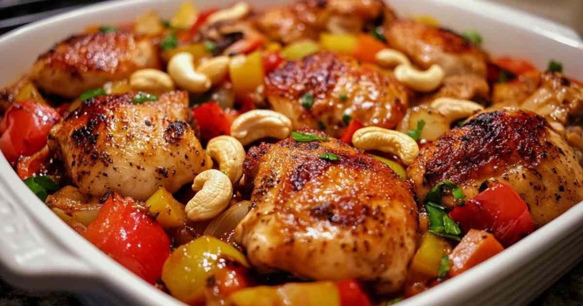 Poulet aux noix de cajou et poivrons en train de cuire dans un wok