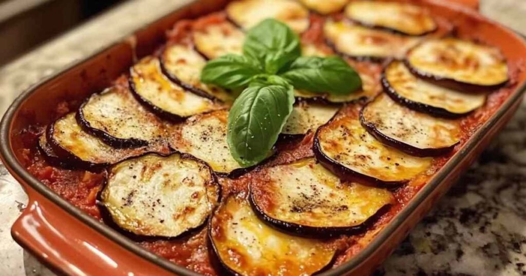Gratin d’aubergines à la parmigiana avec couches d’aubergines, sauce tomate et fromage fondu