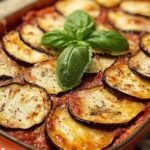Gratin d’aubergines à la parmigiana avec couches d’aubergines, sauce tomate et fromage fondu