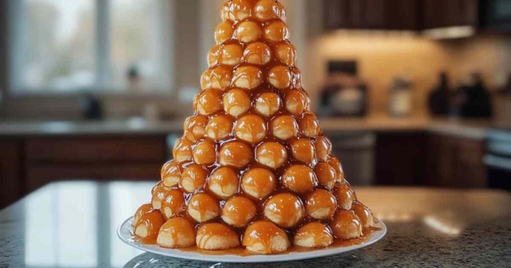 Croquembouche au caramel traditionnel français sur présentoir
