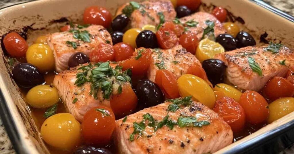 Préparation du saumon à la toscane avec tomates et olives