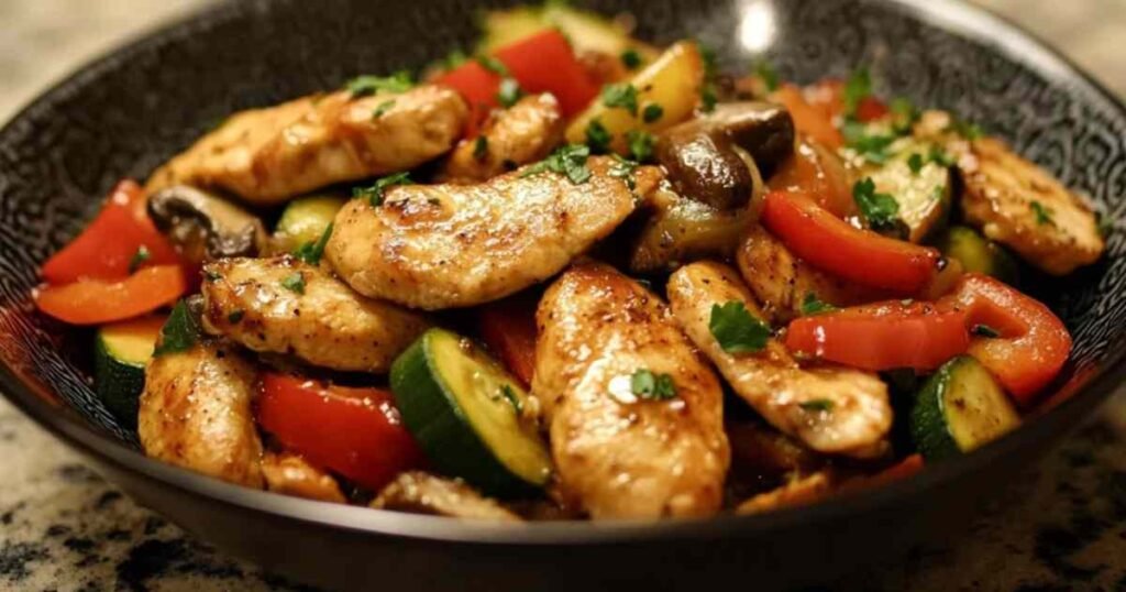 Émincé de poulet aux légumes frais dans une assiette