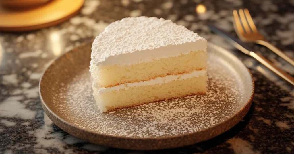 Gâteau nuage japonais saupoudré de sucre glace sur un présentoir