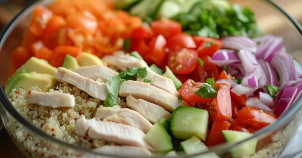 Salade de quinoa au poulet dans un bol avec légumes frais