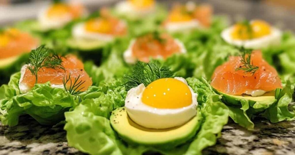 Coupes de laitue au saumon fumé, avocat et œufs de caille sur plateau