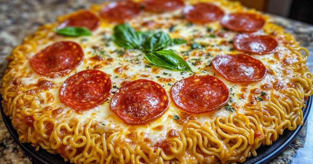 Préparation de la croûte de pizza ramen avec nouilles et fromage