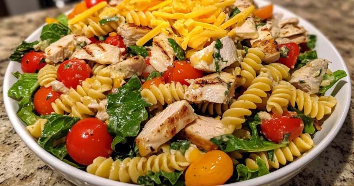 Salade de pâtes au ranch avec tomates cerises et cheddar dans un saladier