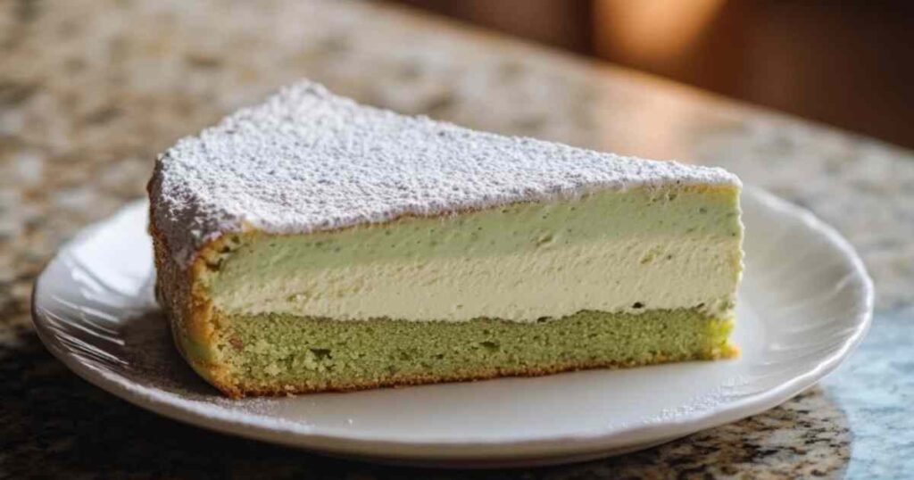 Part de gâteau nuage à la pistache montrant sa texture aérienne