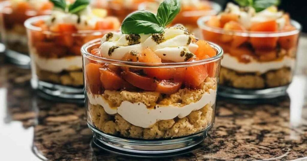 Tiramisu salé aux tomates et mozzarella avec pesto en verrines
