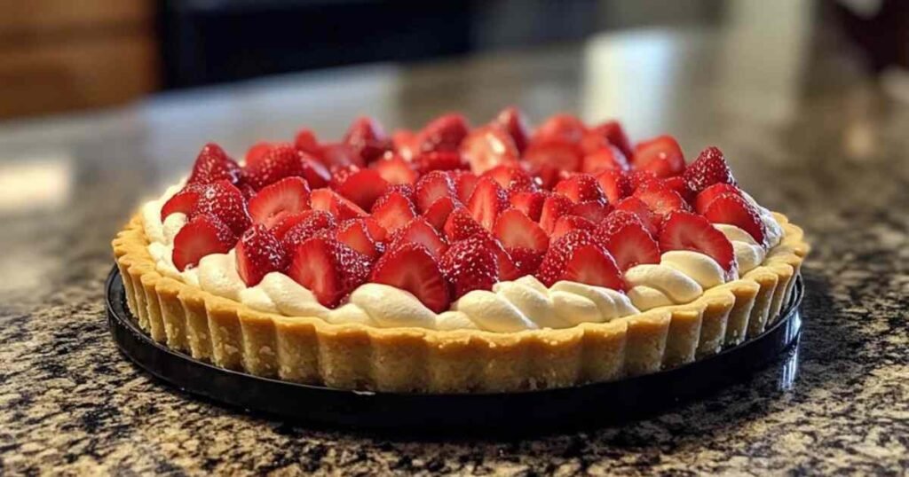 Tarte au mascarpone et aux fraises fraîches sur présentoir à gâteau