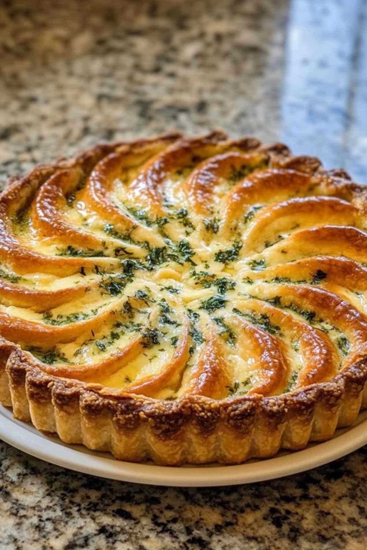 Tarte soleil au fromage et herbes de Provence dorée sortant du four