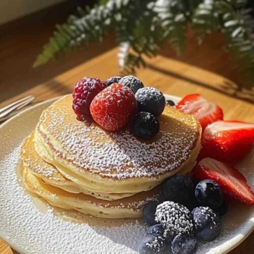 Pancakes Kodiak moelleux garnis de fruits rouges et sirop d’érable