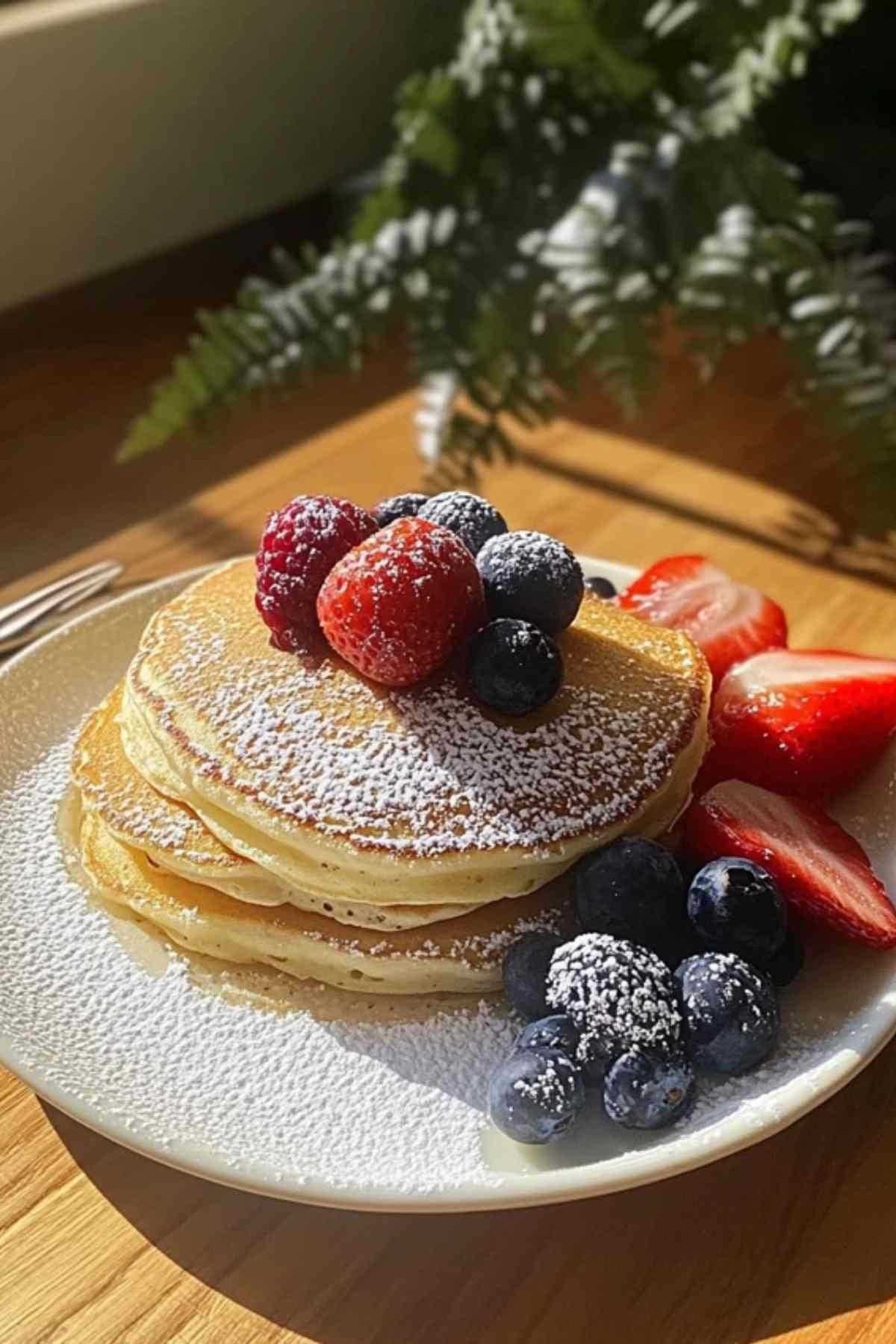 Pancakes Kodiak moelleux garnis de fruits rouges et sirop d’érable
