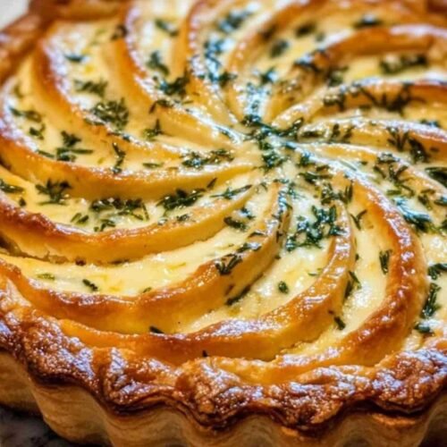 Tarte soleil au fromage et herbes de Provence dorée sortant du four