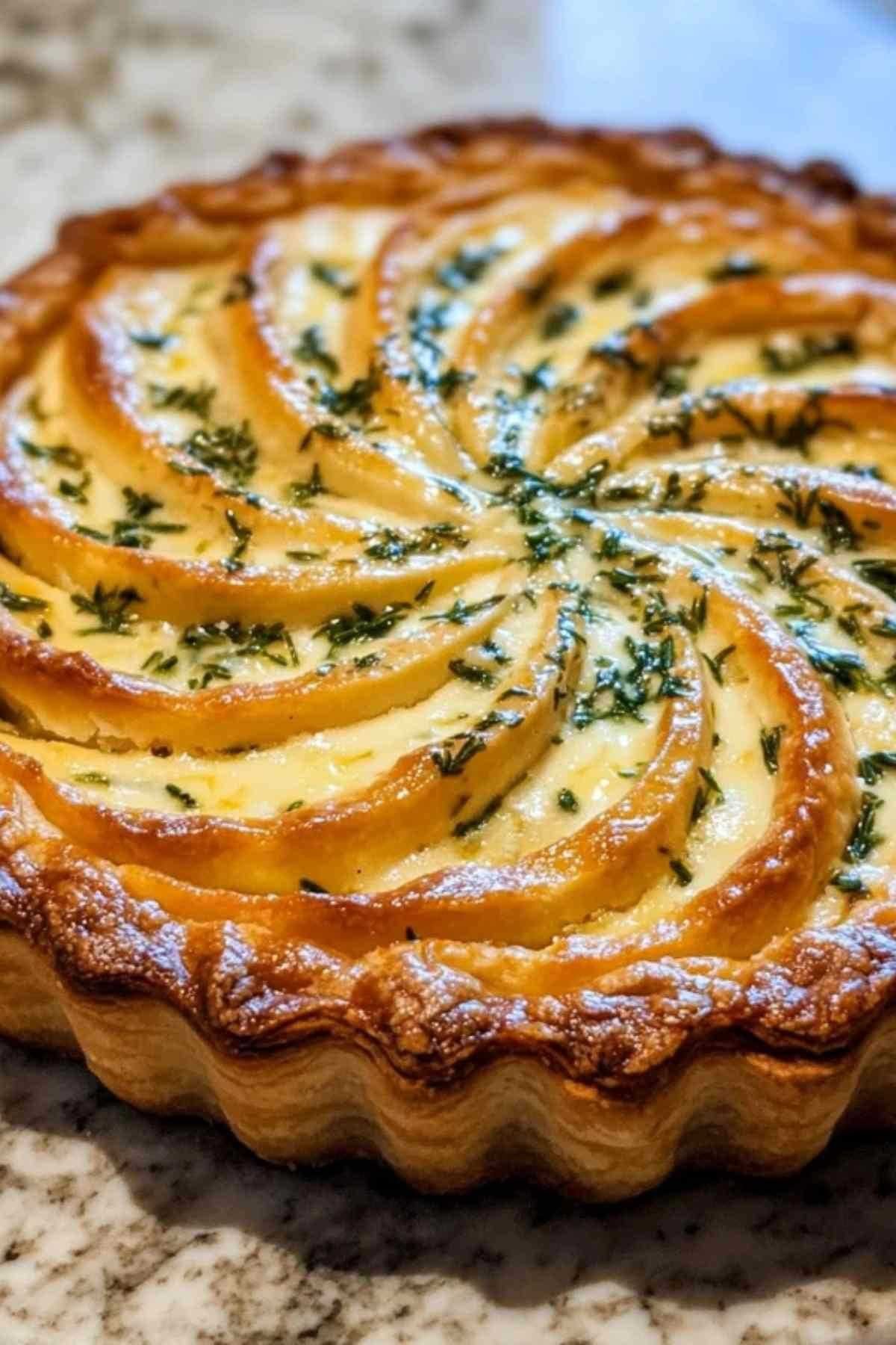Tarte soleil au fromage et herbes de Provence dorée sortant du four