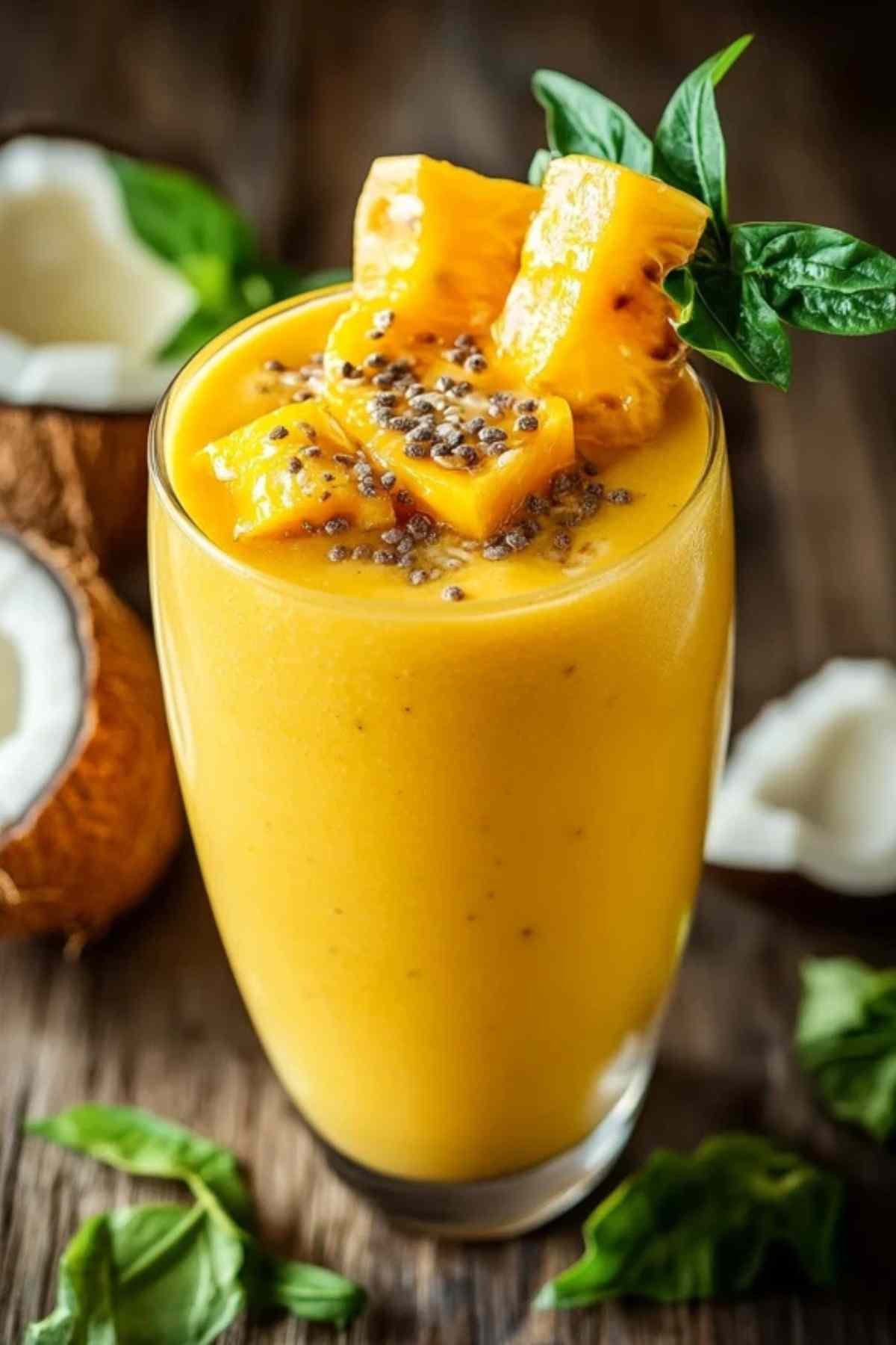 Smoothie mangue passion et lait de coco dans un grand verre avec une paille