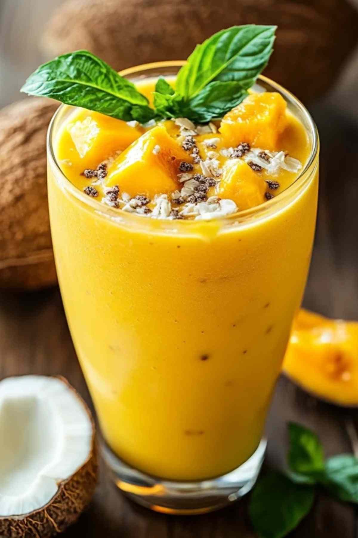 Smoothie mangue passion et lait de coco dans un grand verre avec une paille