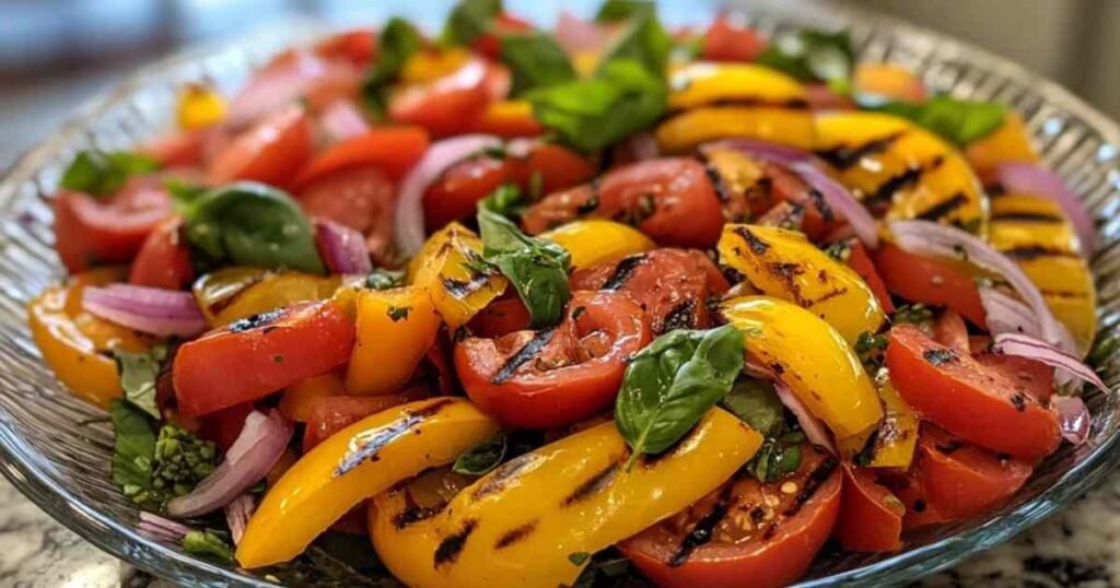 Poivrons en train d’être grillés au four pour une salade fraîche