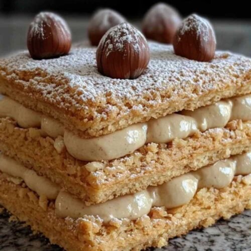 Tranche de succès praliné montrant les couches de biscuit et crème