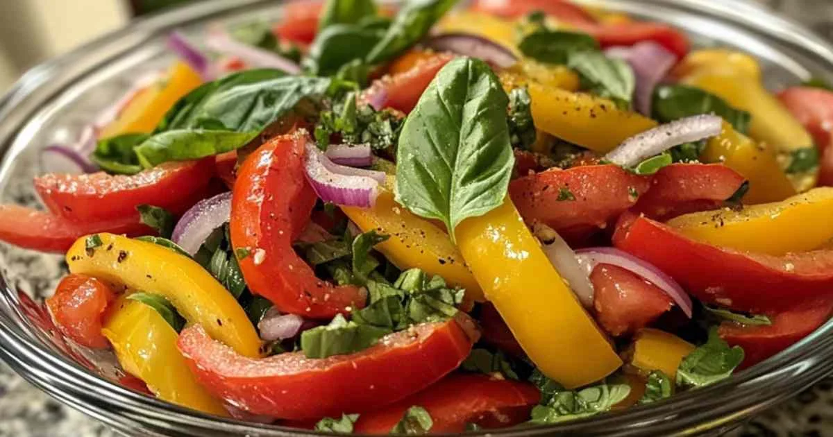 Salade de poivrons grillés servie avec du pain à l’ail et de la burrata