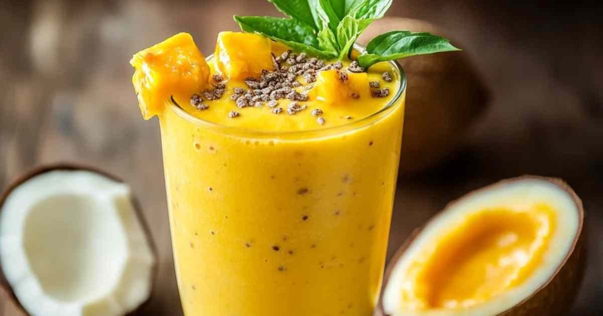 Ingrédients pour smoothie mangue passion : fruits frais et lait de coco