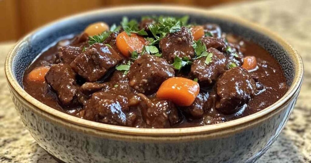 Assiette de bœuf bourguignon authentique servie avec purée de pommes de terre