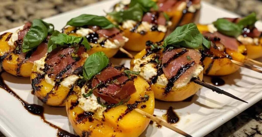 Pêches fraîches grillant sur une plancha avec marques de caramélisation