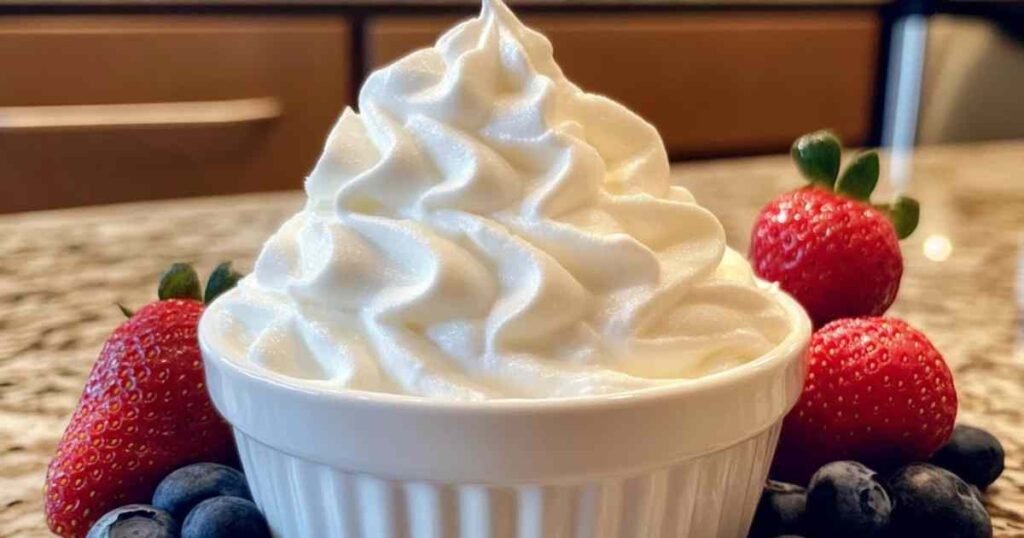 Ingrédients pour préparer la crème chantilly maison : crème, sucre glace et extrait de vanille