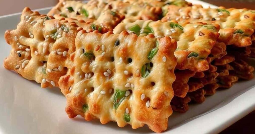 Craquelins aux oignons verts et sésame dorés sur une plaque de cuisson