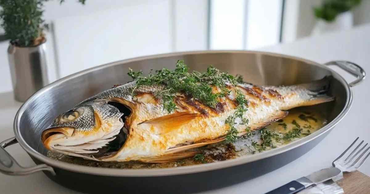 Black bass en train de cuire dans une poêle avec citron et herbes