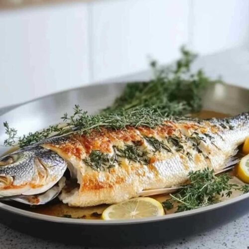 Black bass poêlé servi avec garnitures méditerranéennes