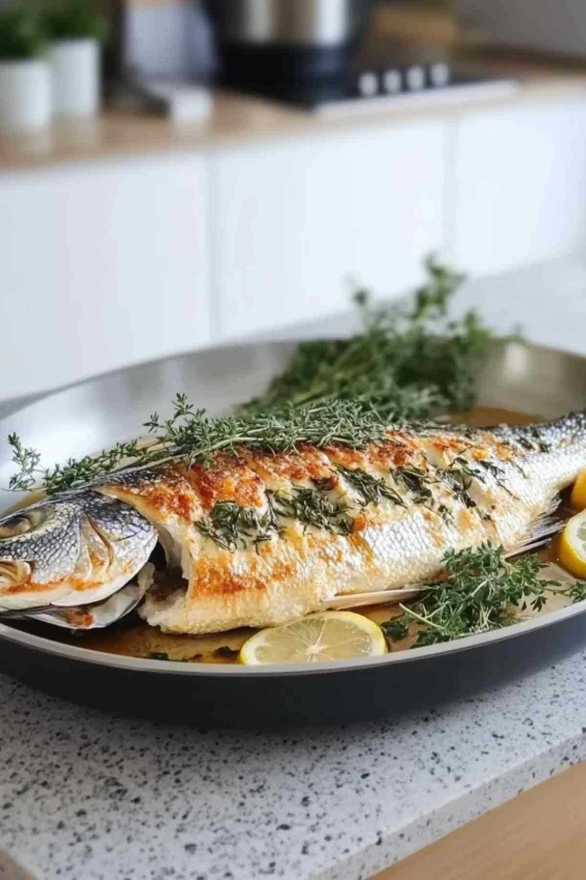 Black bass poêlé servi avec garnitures méditerranéennes