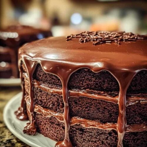 Coupe d’un béret basque au chocolat montrant les couches de génoise et ganache