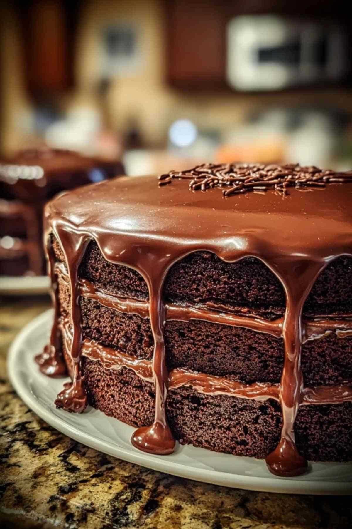 Coupe d’un béret basque au chocolat montrant les couches de génoise et ganache